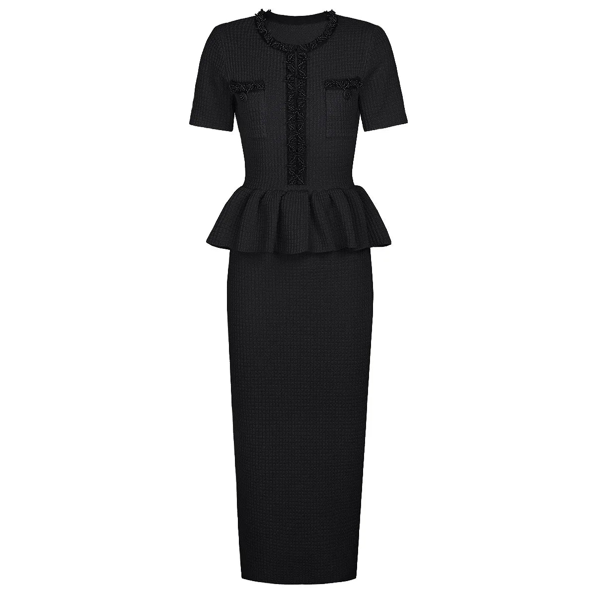 Autumn New High-End Fashion Knitted Beaded Slim Long Sleeve Dress Heavy Round Ne