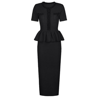Autumn New High-End Fashion Knitted Beaded Slim Long Sleeve Dress Heavy Round Ne