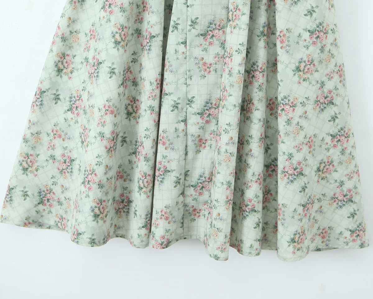 YENKYE Green Floral Print Sexy Spaghetti Straps Dress Women Low Waist A-line Midi Holiday Summer Dresses Party Robe 2025 Vestido