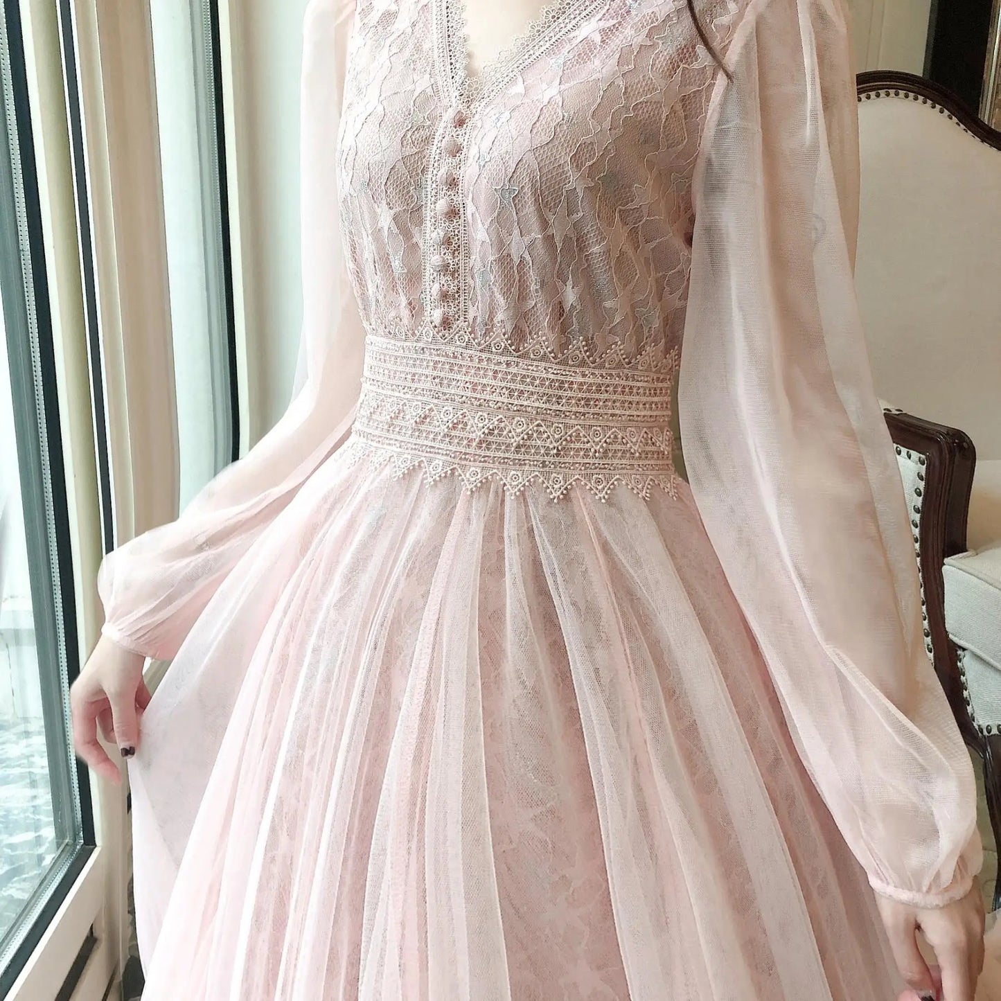 Autumn New Korean Edition Fairy Style Dress Women's Solid V-neck Button Gauze Lace Long Sleeves Wrap Waist Slim A-line Dresses