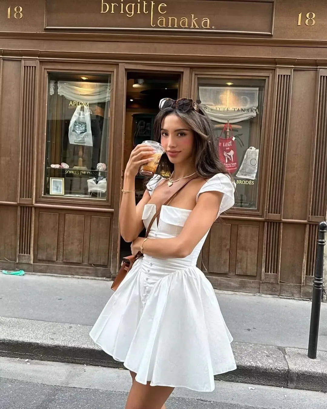 YENKYE Summer Women Sexy Fit And Flare White Mini Dresses Short Sleeve Low Waist