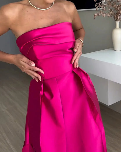European and American Fashion Strapless, High-waisted Evening Gown, Women Design Sense Stitching Wafer Satin Sexy Dress Vestidos