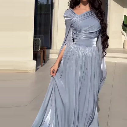 Elegant Slant Shoulder Draped Gowns Dress Casual Split Long Sleeve Solid Party Dress Women Fashion Hight Waist Slim Long Dress