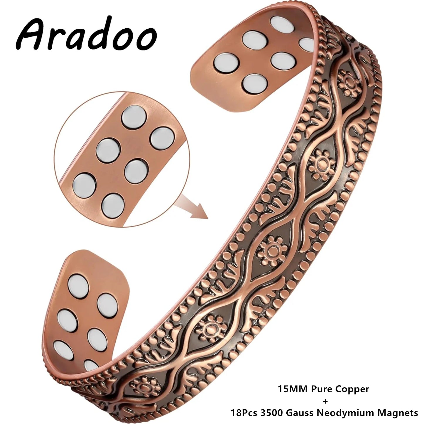 ARADOO Pure Copper Bracelet for Men Women Sophisticated Pattern Design Cuff Bang