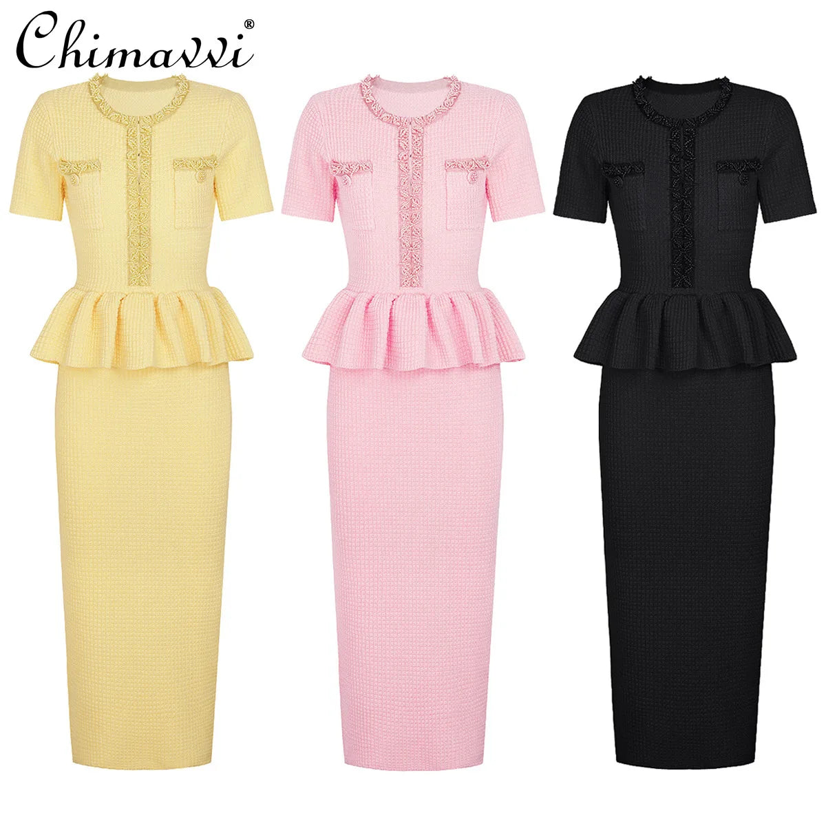 Autumn New High-End Fashion Knitted Beaded Slim Long Sleeve Dress Heavy Round Ne
