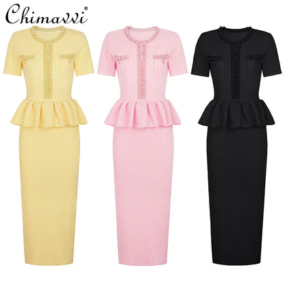 Autumn New High-End Fashion Knitted Beaded Slim Long Sleeve Dress Heavy Round Ne