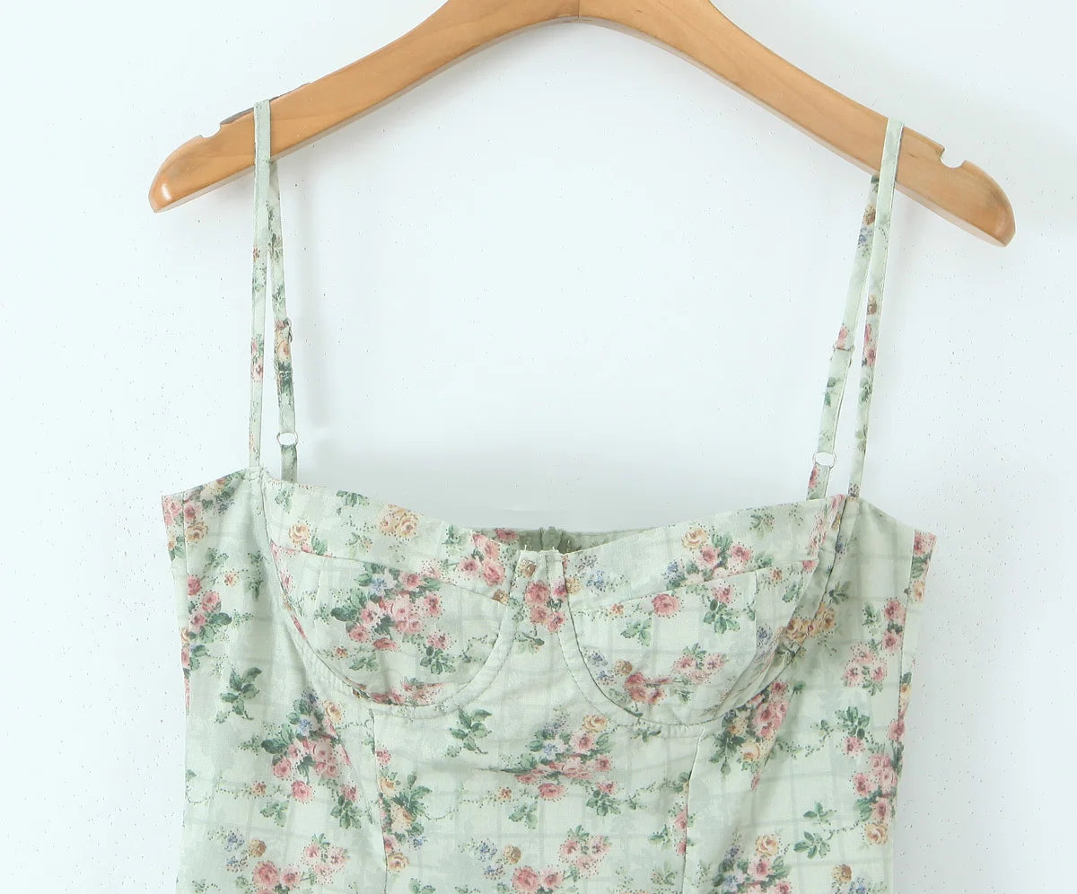 YENKYE Green Floral Print Sexy Spaghetti Straps Dress Women Low Waist A-line Midi Holiday Summer Dresses Party Robe 2025 Vestido