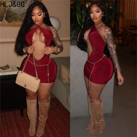 HLJ&GG Sexy Hot Girl Lace Hollow Halter Bodycon Mini Dresses Women Backless Sleeveless Slim Vestidos Fashion Party Club Clothing