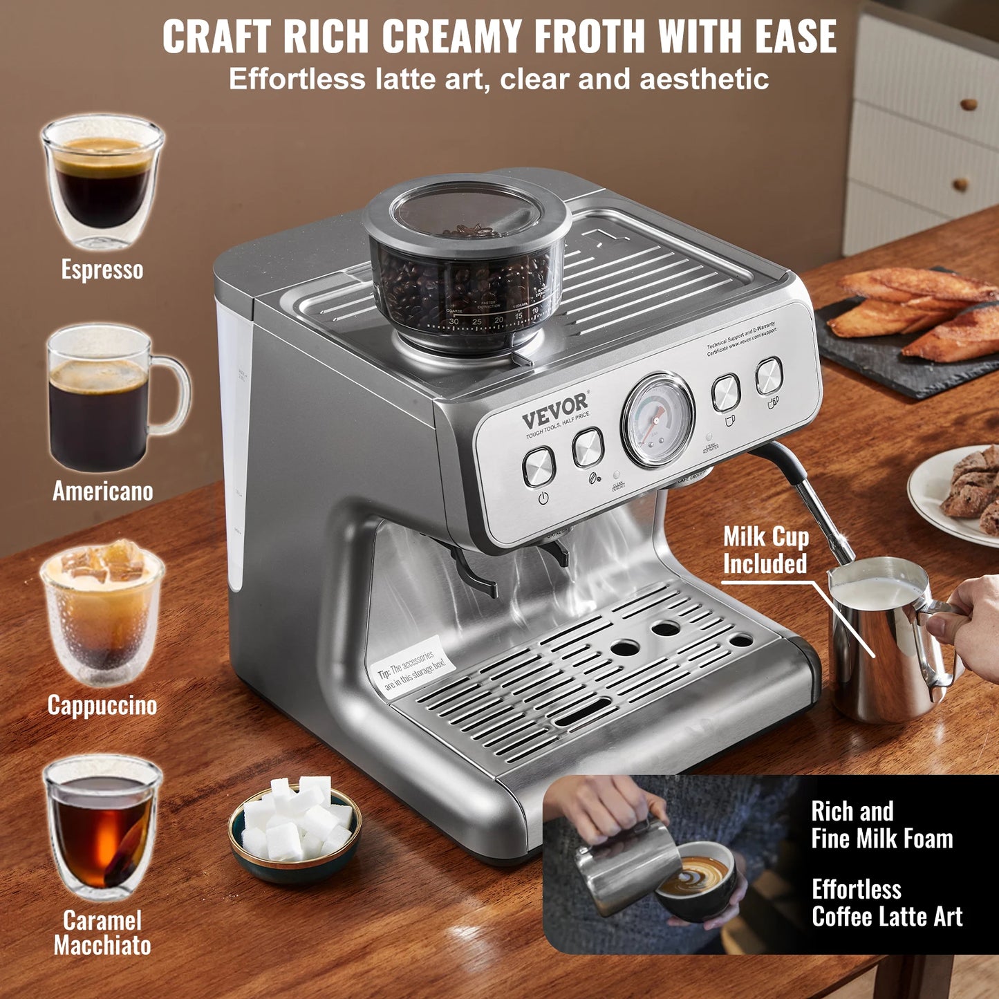 Espresso Machine with Grinder 15 Bar Semi-Automatic Espresso Coffee Maker with Milk Frother Steam Wand