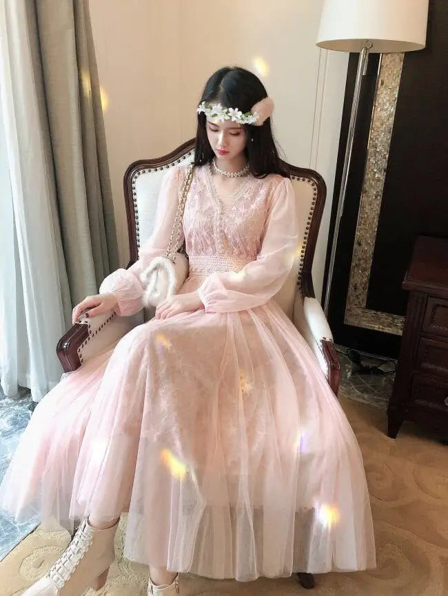 Autumn New Korean Edition Fairy Style Dress Women's Solid V-neck Button Gauze Lace Long Sleeves Wrap Waist Slim A-line Dresses