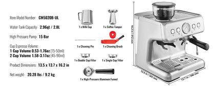Espresso Machine with Grinder 15 Bar Semi-Automatic Espresso Coffee Maker with Milk Frother Steam Wand