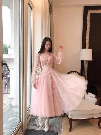 Autumn New Korean Edition Fairy Style Dress Women's Solid V-neck Button Gauze Lace Long Sleeves Wrap Waist Slim A-line Dresses