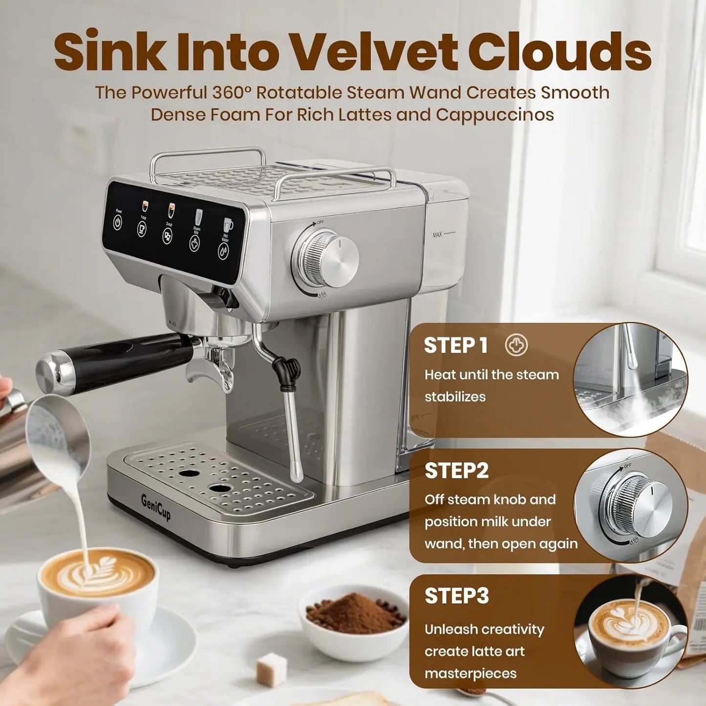 Expresso Coffee Machines with Touchscreen 20 Bar Professional Espresso Maker with Milk Frother Hot Water Stainless Steel