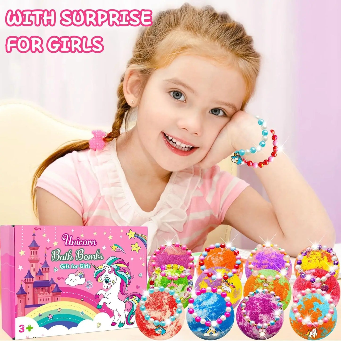 Unicorn Bath Bombs for Girls Ages 3-8 with Surprise Toys and Jewelry Inside, Perfect Birthday Christmas Easter Gift