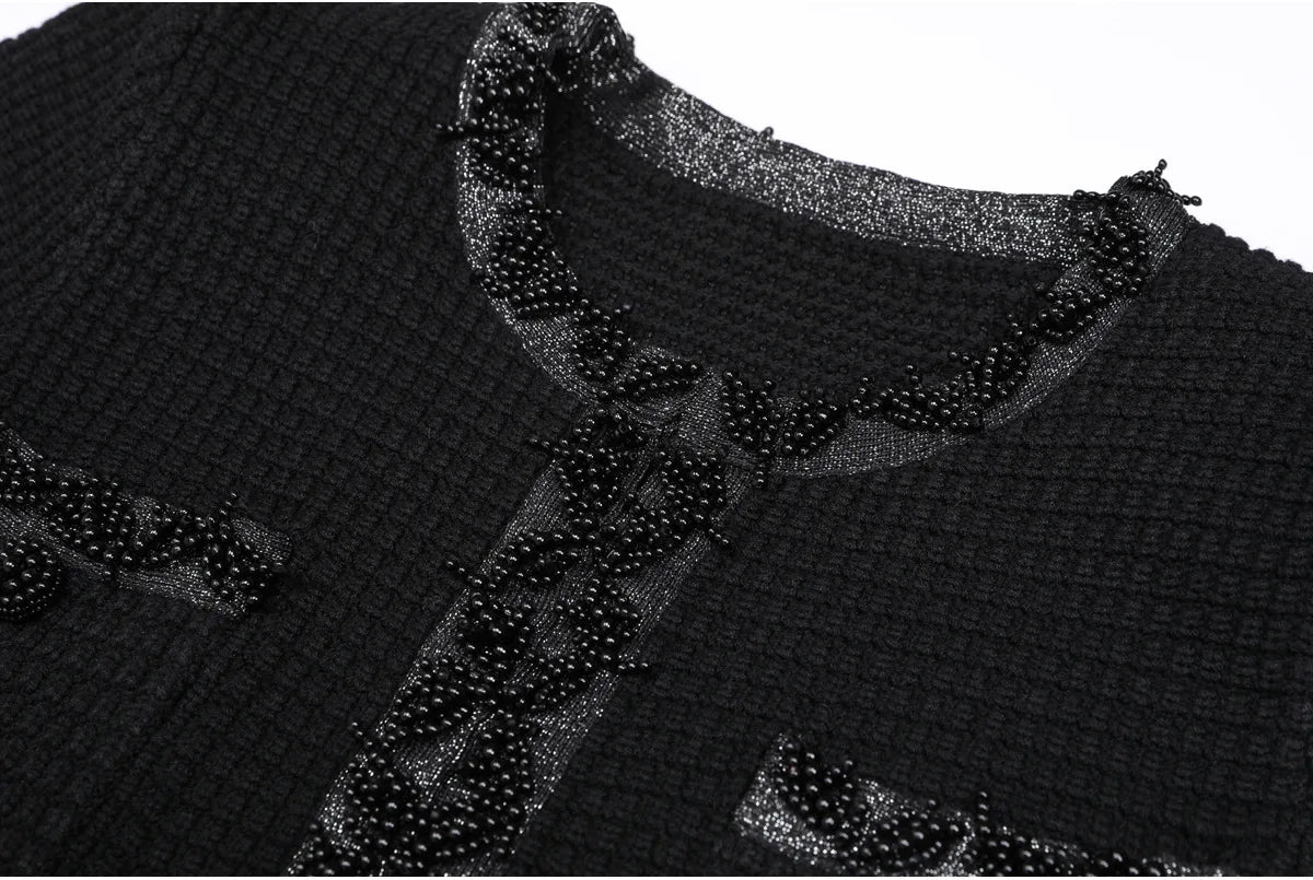 Autumn New High-End Fashion Knitted Beaded Slim Long Sleeve Dress Heavy Round Ne