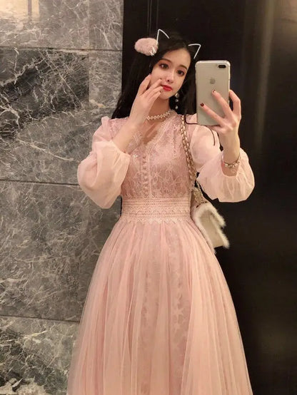 Autumn New Korean Edition Fairy Style Dress Women's Solid V-neck Button Gauze Lace Long Sleeves Wrap Waist Slim A-line Dresses