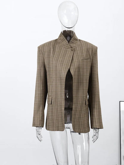 Vintage Plaid Women's Blazer Coat Stand Neck One Button Pocket Suit Jackets Fema