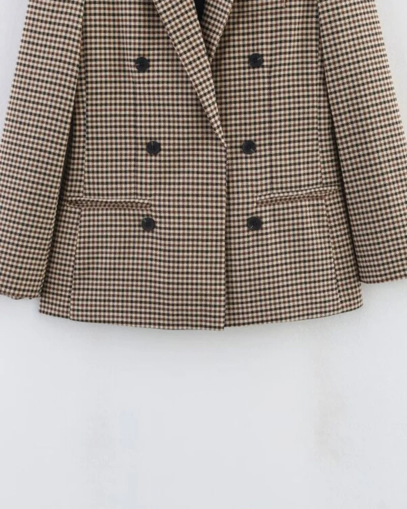 Women's Plaid Blazer Spring Casual Double Breasted Suit Jacket Office Work Daily Outwear Two Colors