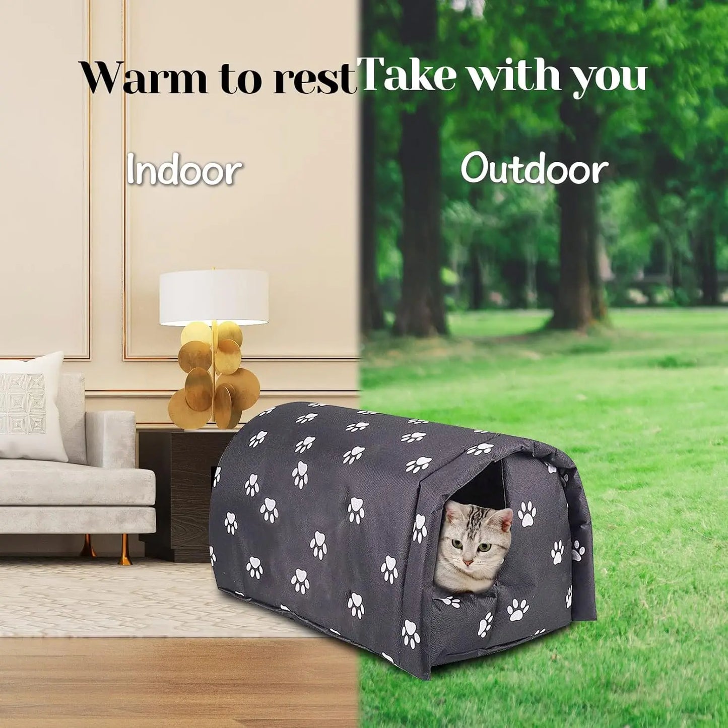 Waterproof Foldable Outdoor Cat House, Warm Pet Shelter for Winter, Anti-Slip Design in Black (M:17.7x15.7x13.7 inches)