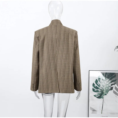 Vintage Plaid Women's Blazer Coat Stand Neck One Button Pocket Suit Jackets Fema