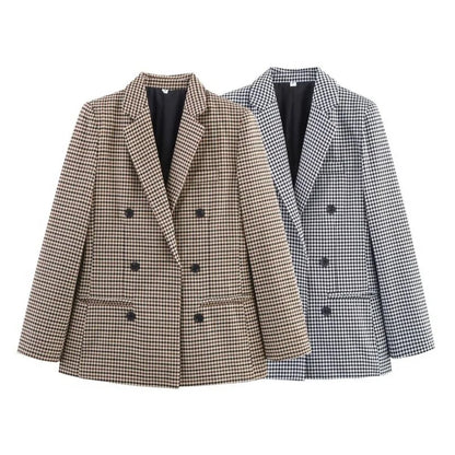 Women's Plaid Blazer Spring Casual Double Breasted Suit Jacket Office Work Daily Outwear Two Colors