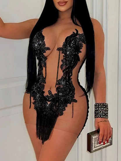Sexy see through mesh mini sequin summer dress women elegant bodycon club birth