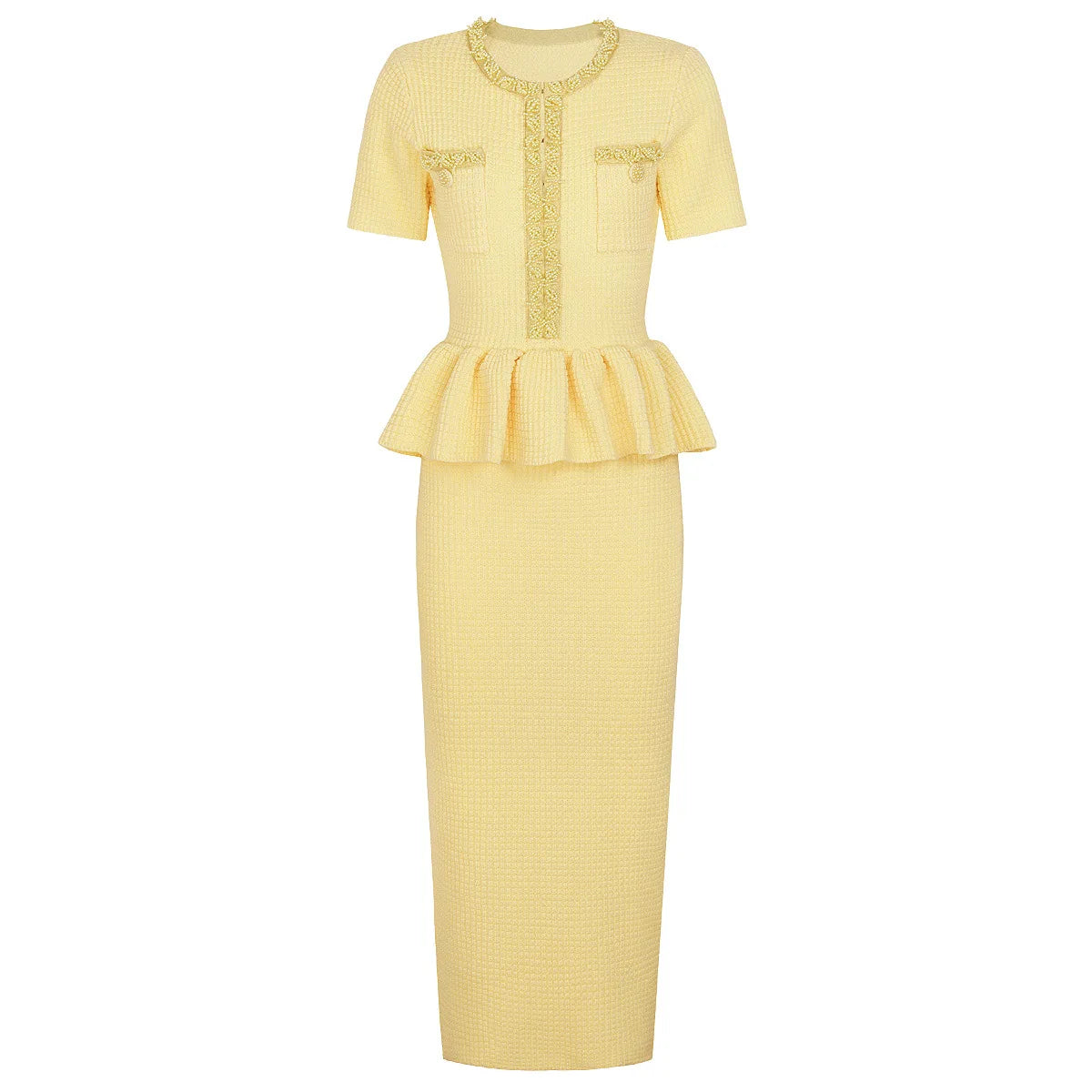 Autumn New High-End Fashion Knitted Beaded Slim Long Sleeve Dress Heavy Round Ne
