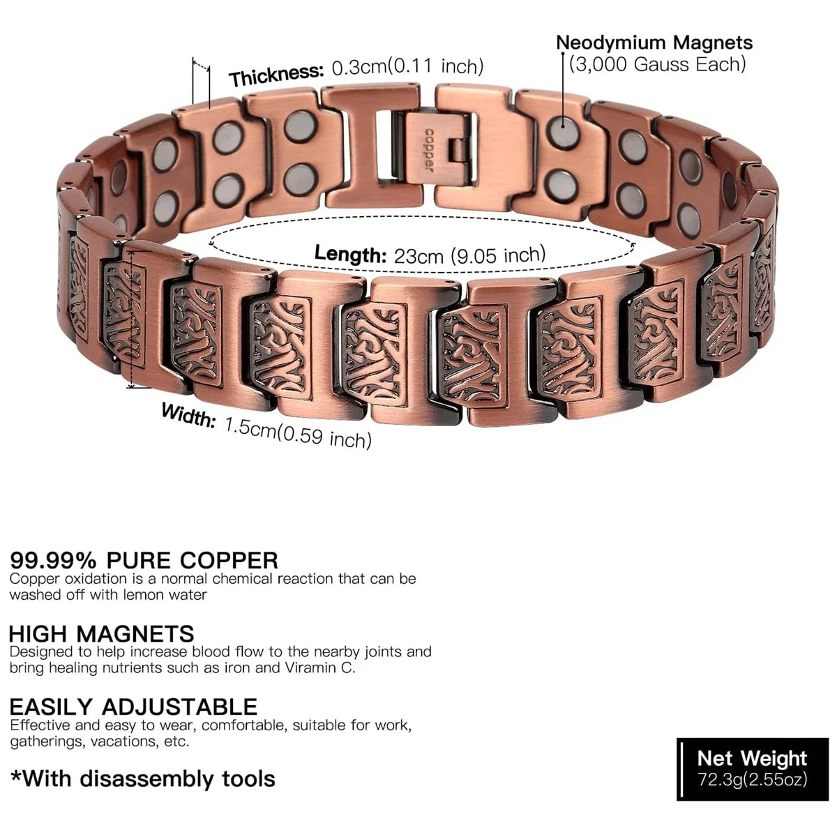 ARADOO Copper Bracelet for Men 100% Pure Copper Magnetic Link Bracelets Jewelry