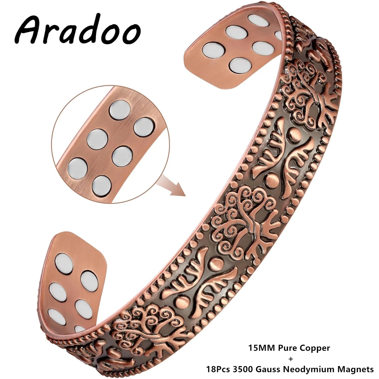 ARADOO Pure Copper Bracelet for Men Women Sophisticated Pattern Design Cuff Bang