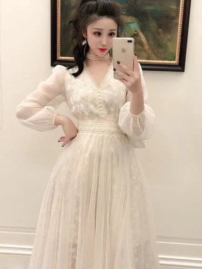 Autumn New Korean Edition Fairy Style Dress Women's Solid V-neck Button Gauze Lace Long Sleeves Wrap Waist Slim A-line Dresses