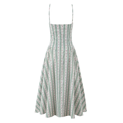 YENKYE Green Striped Floral Print Sexy Spaghetti Straps Dresses Women Elegant A-line Midi Vacation Party Dresses Summer Robe