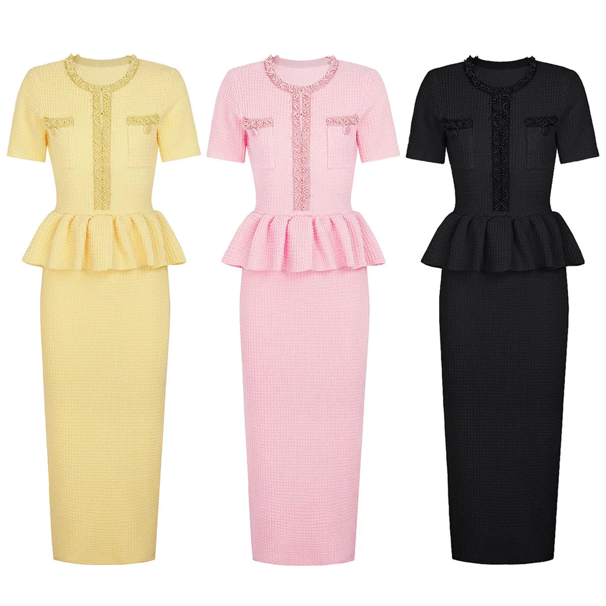 Autumn New High-End Fashion Knitted Beaded Slim Long Sleeve Dress Heavy Round Ne