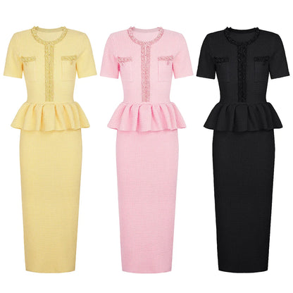 Autumn New High-End Fashion Knitted Beaded Slim Long Sleeve Dress Heavy Round Ne