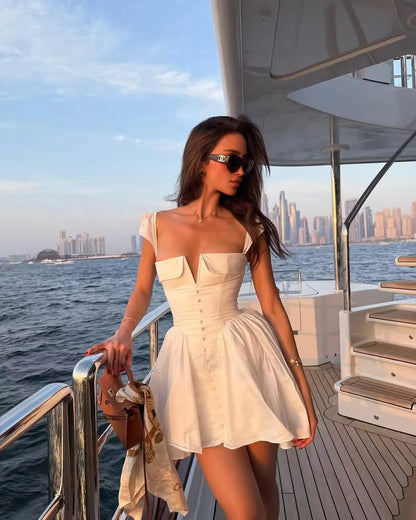 YENKYE Summer Women Sexy Fit And Flare White Mini Dresses Short Sleeve Low Waist