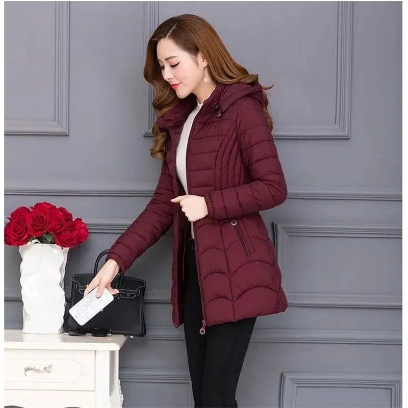 Winter Coat Women 2026 Fashion Middle Age Mother Slim Down Cotton Hooded Jacket Plus Size Casual Solid Warm Thick Outwear Parka