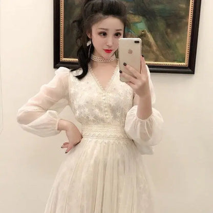 Autumn New Korean Edition Fairy Style Dress Women's Solid V-neck Button Gauze Lace Long Sleeves Wrap Waist Slim A-line Dresses