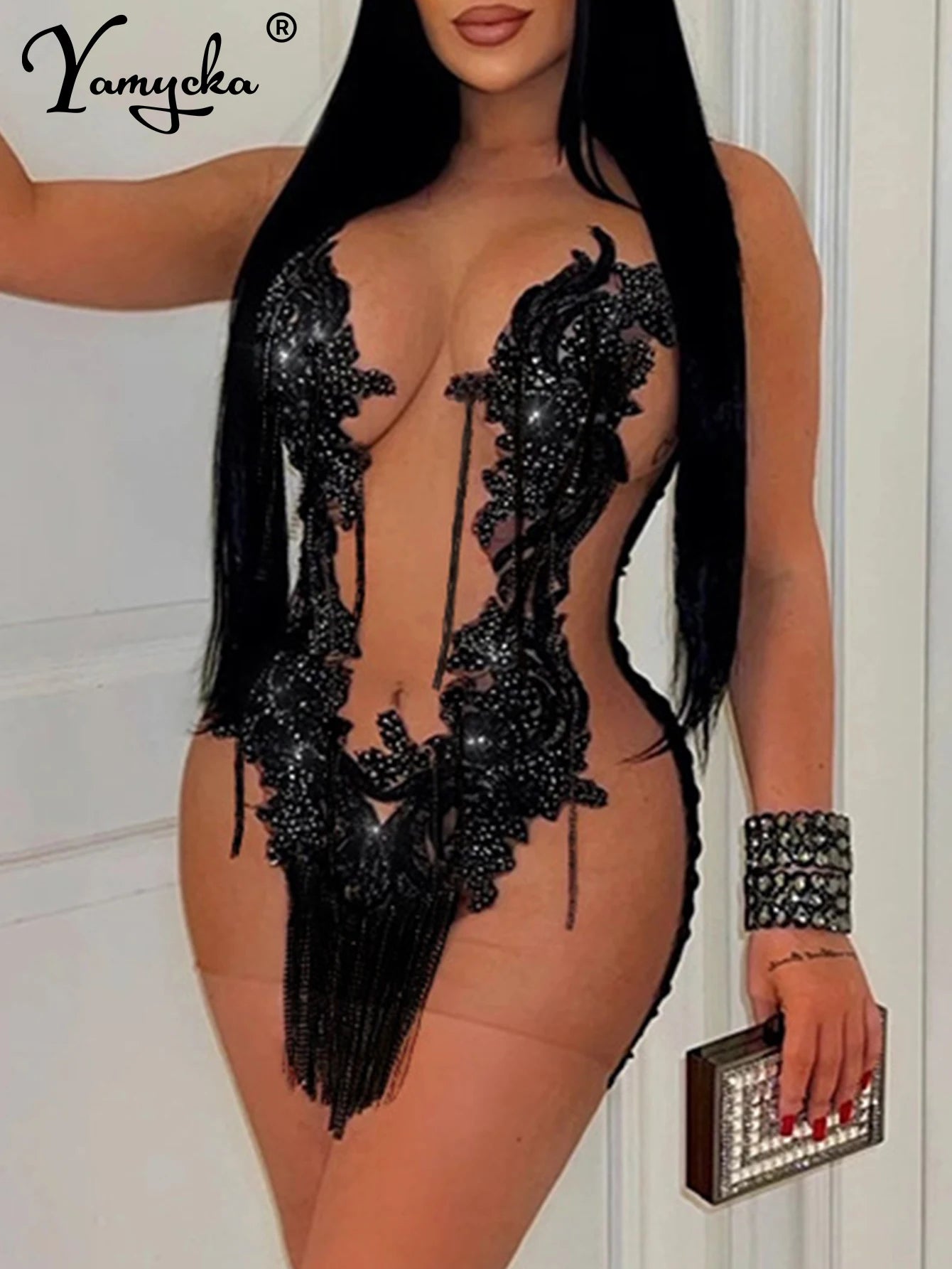 Sexy see through mesh mini sequin summer dress women elegant bodycon club birth