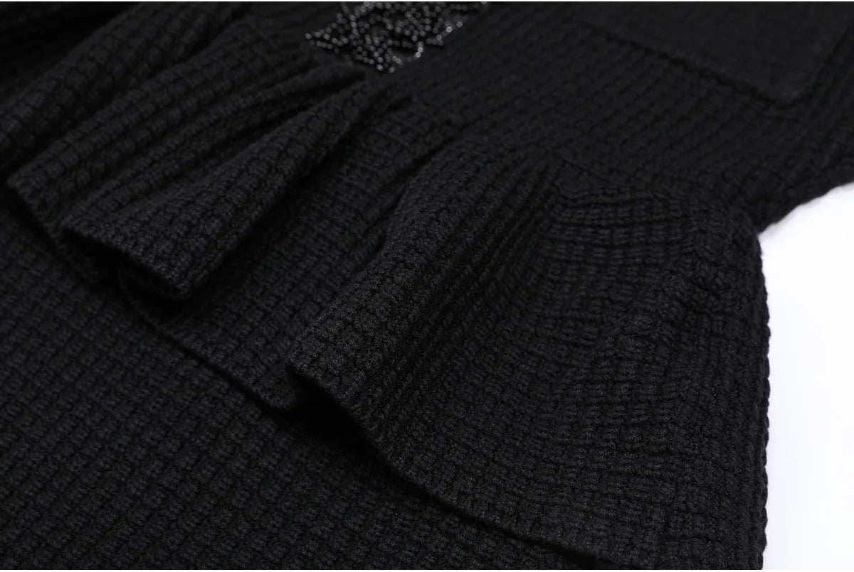 Autumn New High-End Fashion Knitted Beaded Slim Long Sleeve Dress Heavy Round Ne