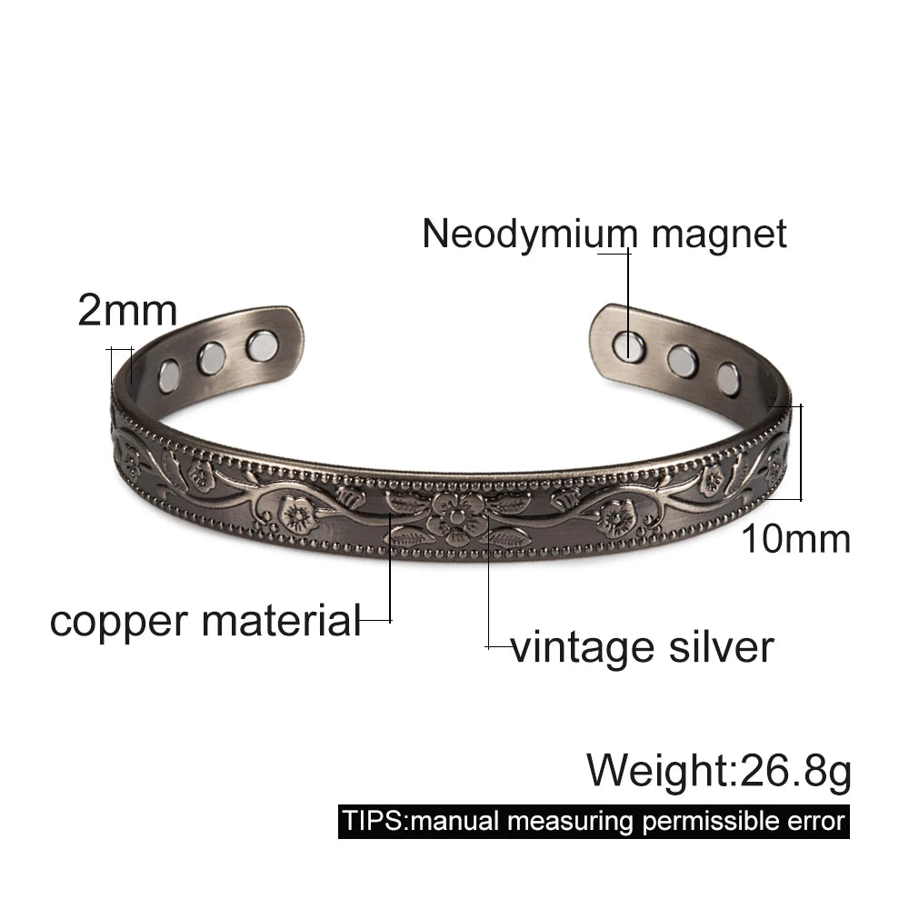 Pure Copper Bracelets for Women Silver Color Adjustable Cuff Magnetic Bangles Ar