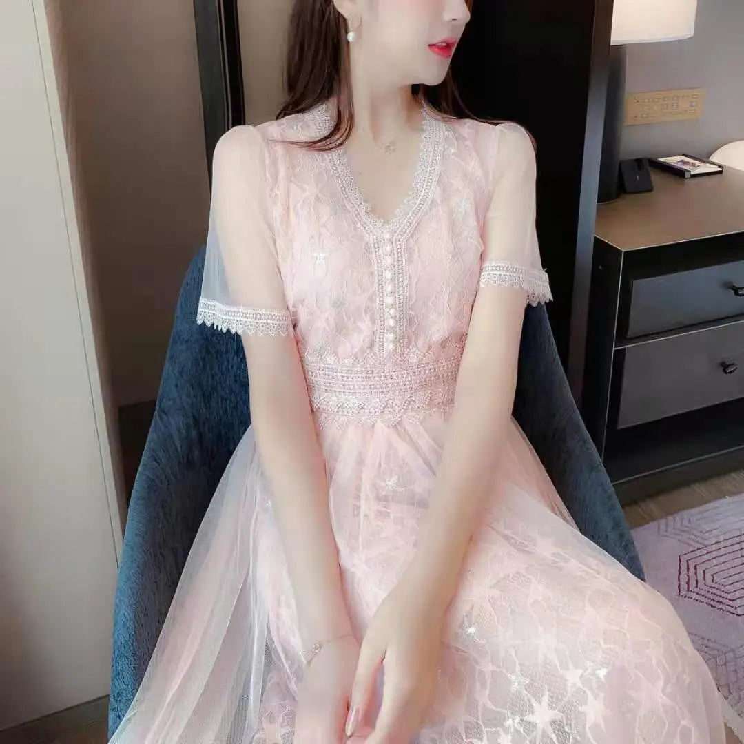 Autumn New Korean Edition Fairy Style Dress Women's Solid V-neck Button Gauze Lace Long Sleeves Wrap Waist Slim A-line Dresses