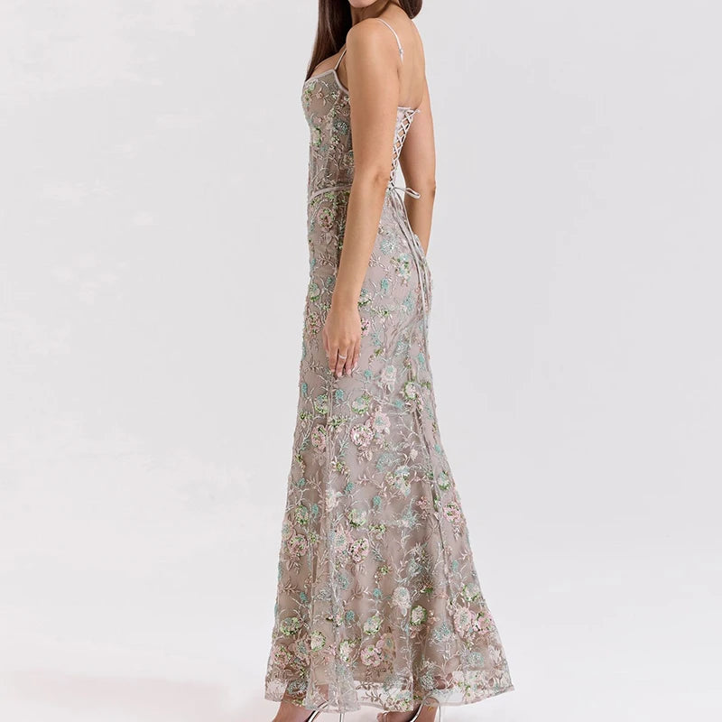 Sexy Backless Bandage Lace-Up Long Dress Women's Elegant Off Shoulder Hight Waist Suspender Dress Casual Sleeveless Shinny Gowns