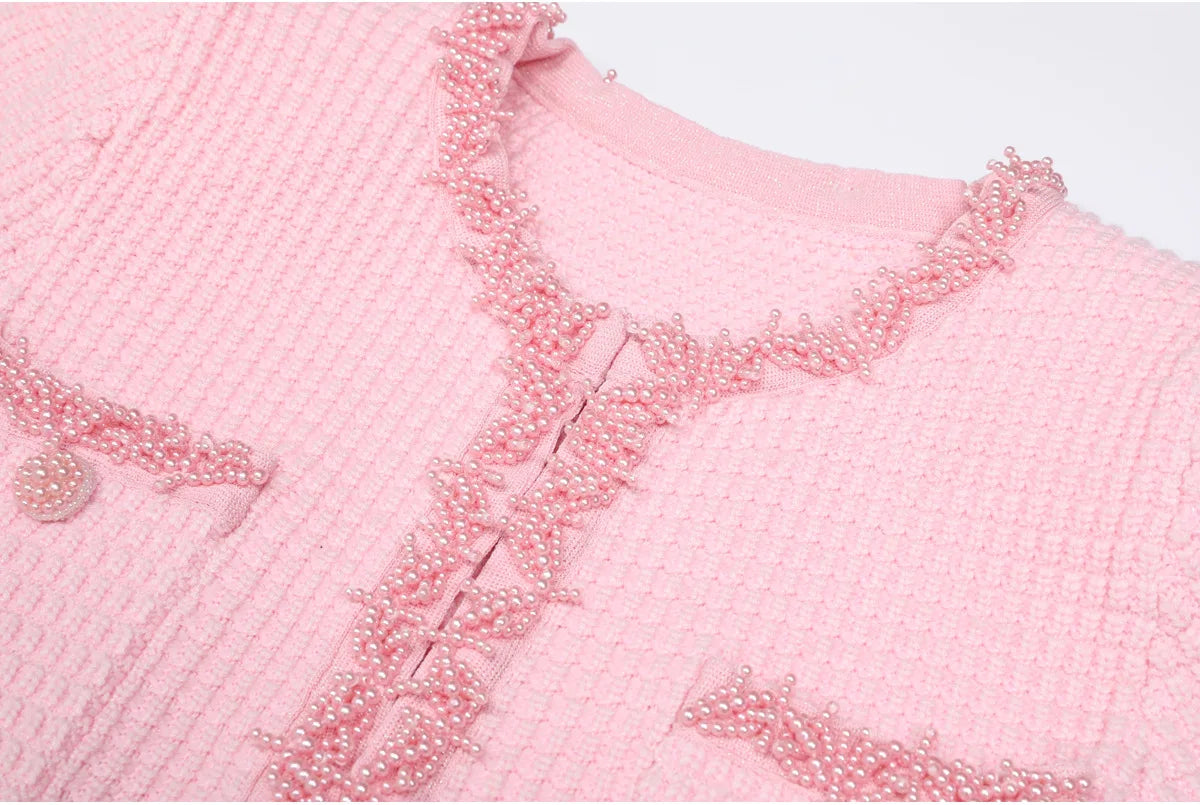 Autumn New High-End Fashion Knitted Beaded Slim Long Sleeve Dress Heavy Round Ne