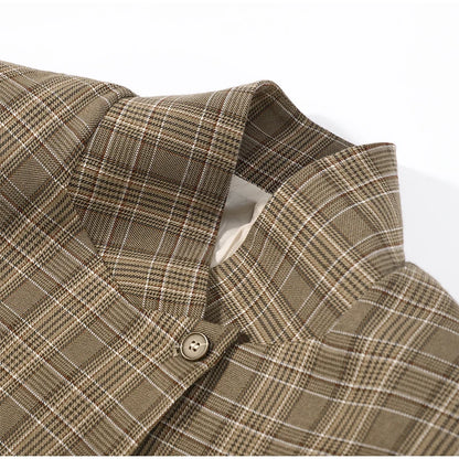Vintage Plaid Women's Blazer Coat Stand Neck One Button Pocket Suit Jackets Fema