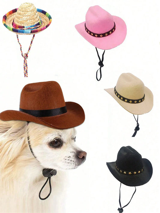 Pet Western-Style Hat for Dogs & Cats - Adjustable Straw & Felt Cowboy Hats in Multiple Colors