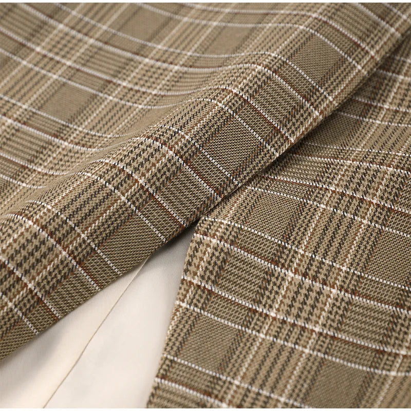 Vintage Plaid Women's Blazer Coat Stand Neck One Button Pocket Suit Jackets Fema