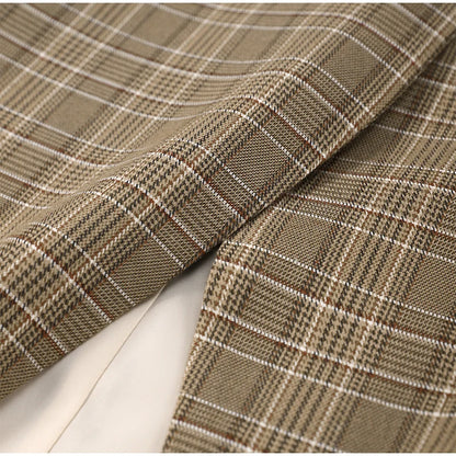 Vintage Plaid Women's Blazer Coat Stand Neck One Button Pocket Suit Jackets Fema
