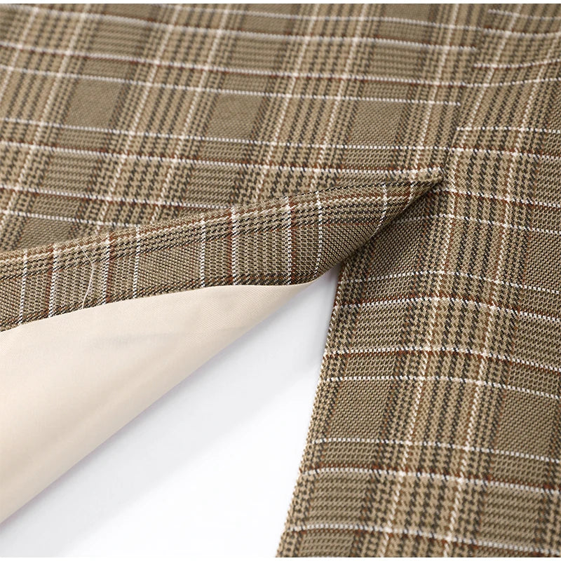 Vintage Plaid Women's Blazer Coat Stand Neck One Button Pocket Suit Jackets Fema