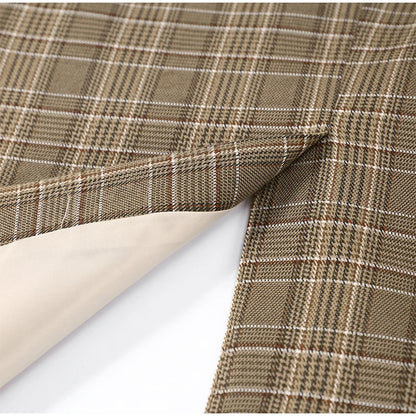 Vintage Plaid Women's Blazer Coat Stand Neck One Button Pocket Suit Jackets Fema