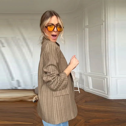 Vintage Plaid Women's Blazer Coat Stand Neck One Button Pocket Suit Jackets Fema