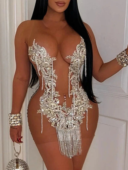 Sexy see through mesh mini sequin summer dress women elegant bodycon club birth